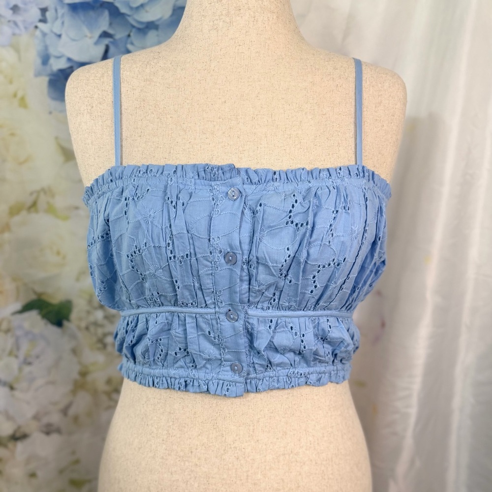 Altar'd State Light Blue Eyelet Crop Top smocked back spaghetti straps button up